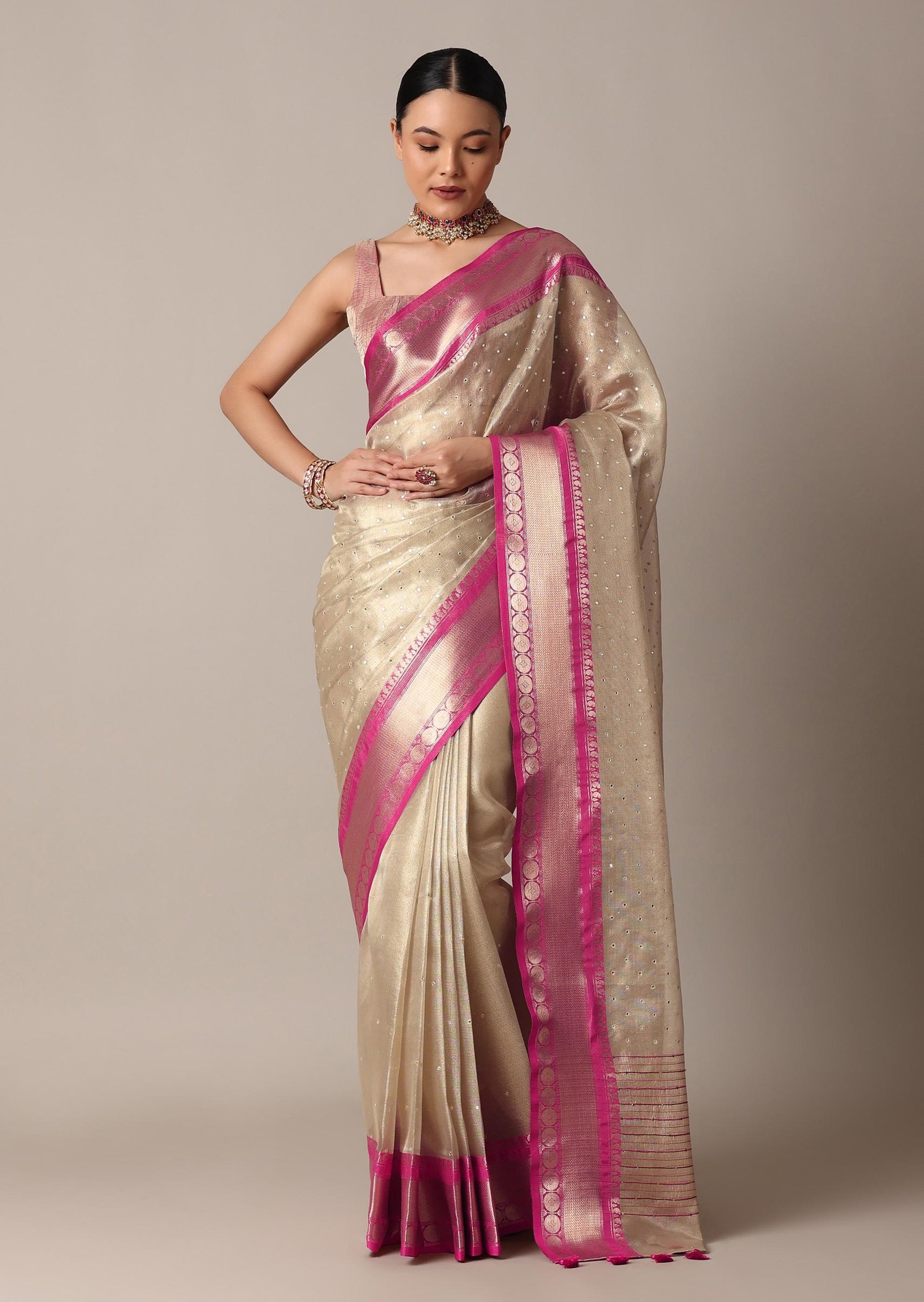 Ivory Silk Saree with Fuchsia Pink Zari Border & Subtle All‑Over Butti 💗