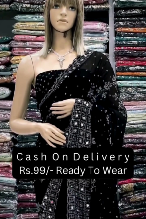 🖤✨ Elegant Midnight Black Ready-to-Wear Embellished Saree with Intricate Silver Detailing ✨🖤