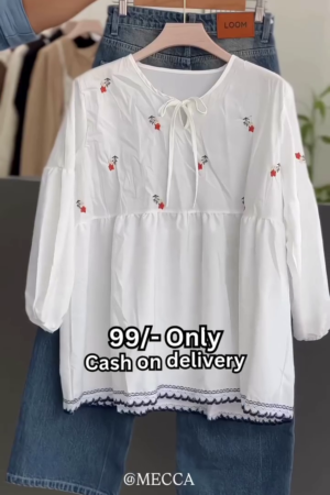 Scarlet Bloom Babydoll Top – Soft Elegance with Everyday Charm 🌸🤍