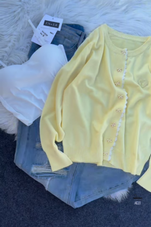 "Chic Pastel Perfection: Yellow Bow Cardigan & Denim Duo"