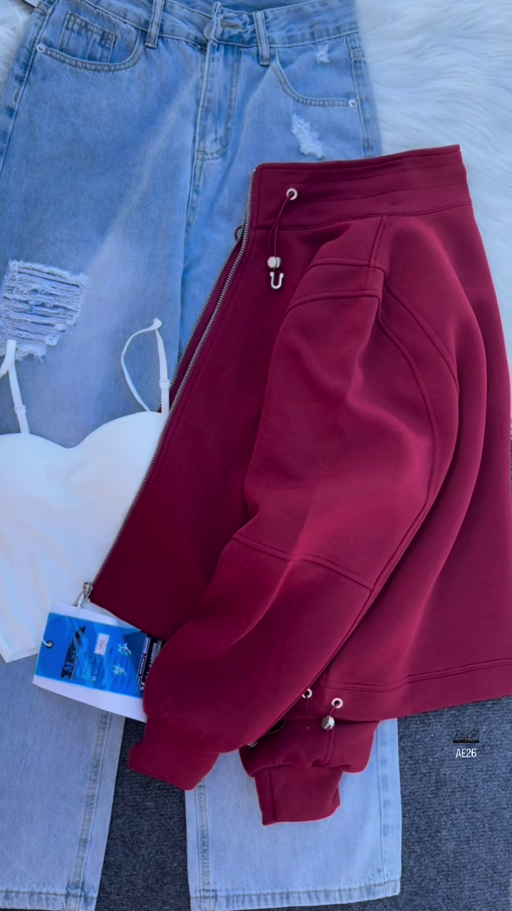 🧥 Urban Ember: Maroon Zip Jacket & Distressed Denim Set - Image 2
