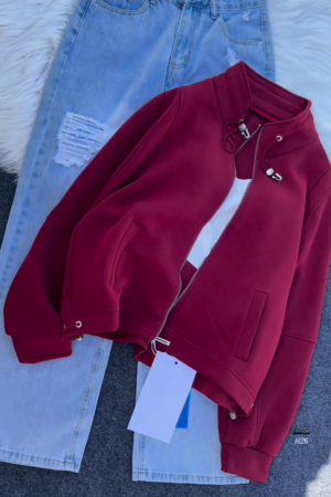 π§₯ Urban Ember: Maroon Zip Jacket & Distressed Denim Set