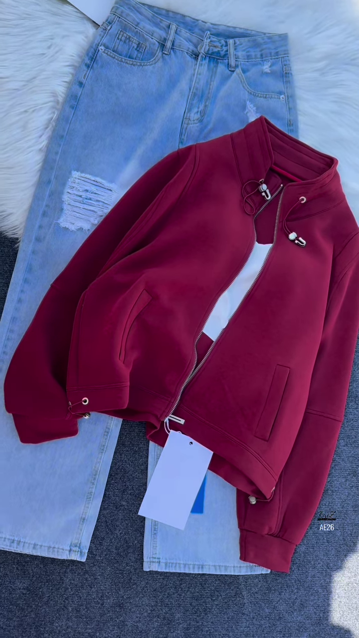 🧥 Urban Ember: Maroon Zip Jacket & Distressed Denim Set