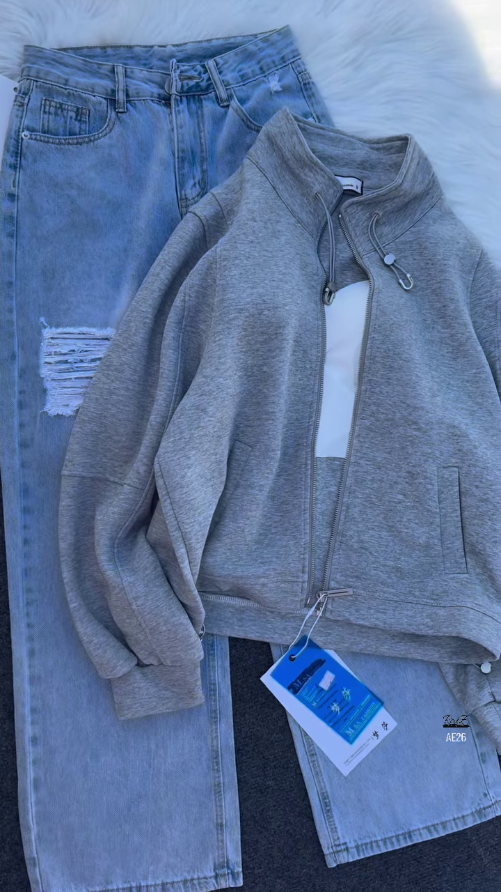 🧥 Urban Ember: Maroon Zip Jacket & Distressed Denim Set - Image 6