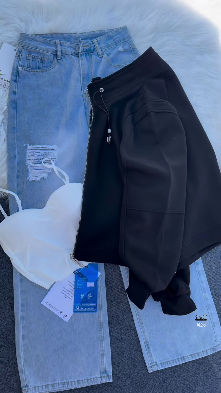 🧥 Urban Ember: Maroon Zip Jacket & Distressed Denim Set - Image 7