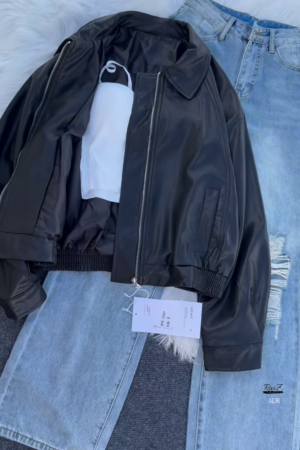 🖤 Dali Noir: Faux Leather Jacket & Distressed Denim Skirt Set