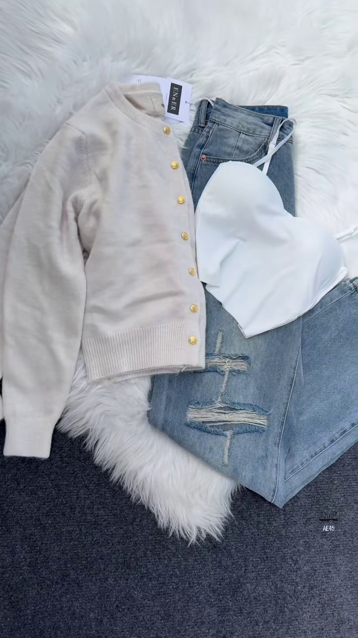 π Enfir Pop: Gold-Button Cardigan & Distressed Denim Set - Image 7