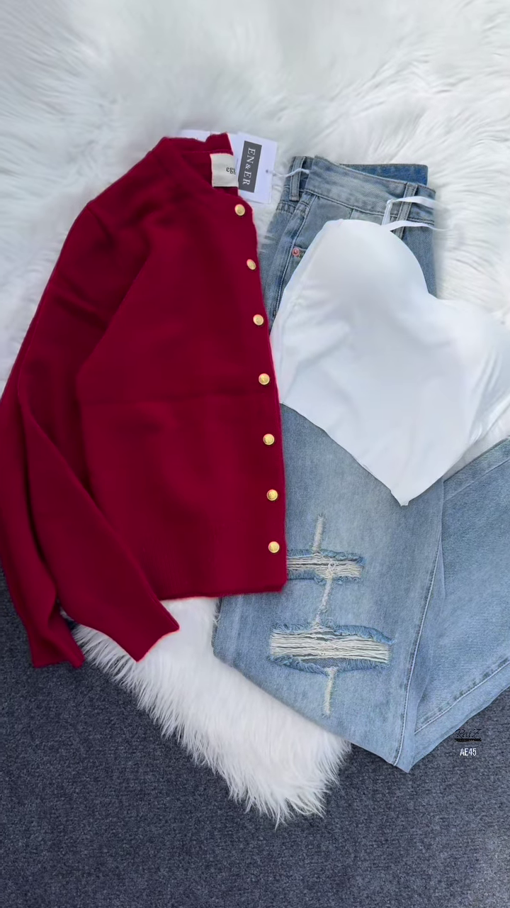 π Enfir Pop: Gold-Button Cardigan & Distressed Denim Set - Image 11