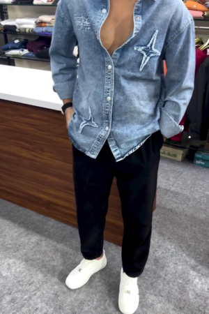 ⭐ Rebel Star Embroidered Denim Shirt – Premium Street Style Essential (XXS–XXL) 👕🔥