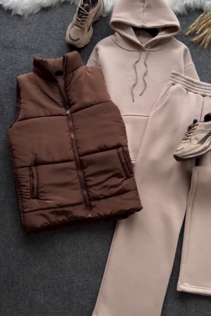 🤎 Cozy Luxe 3-Piece Winter Lounge Set – Hoodie, Wide-Leg Joggers & Puffer Vest | XXS–XXL | Multiple Colors & Designs ❄️✨