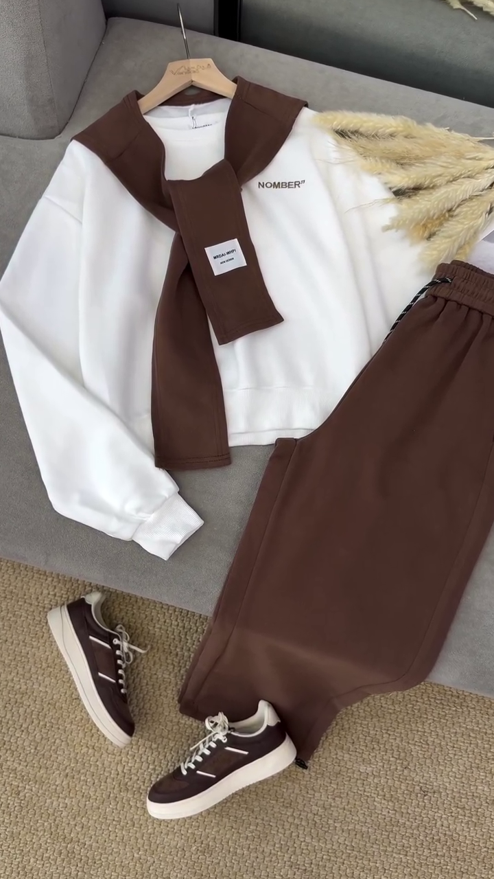 🤎 Mocha Muse 3-Piece Lounge Co-Ord Set – Sweatshirt, Joggers & Layered Scarf Detail | XXS–XXL | Multi-Color Collection ✨ - Image 4