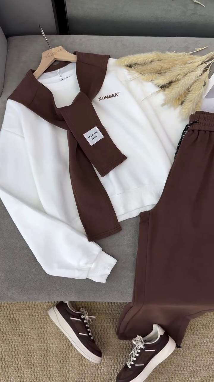 🤎 Mocha Muse 3-Piece Lounge Co-Ord Set – Sweatshirt, Joggers & Layered Scarf Detail | XXS–XXL | Multi-Color Collection ✨ - Image 3