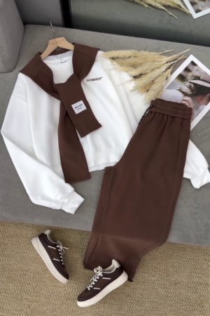 🤎 Mocha Muse 3-Piece Lounge Co-Ord Set – Sweatshirt, Joggers & Layered Scarf Detail | XXS–XXL | Multi-Color Collection ✨