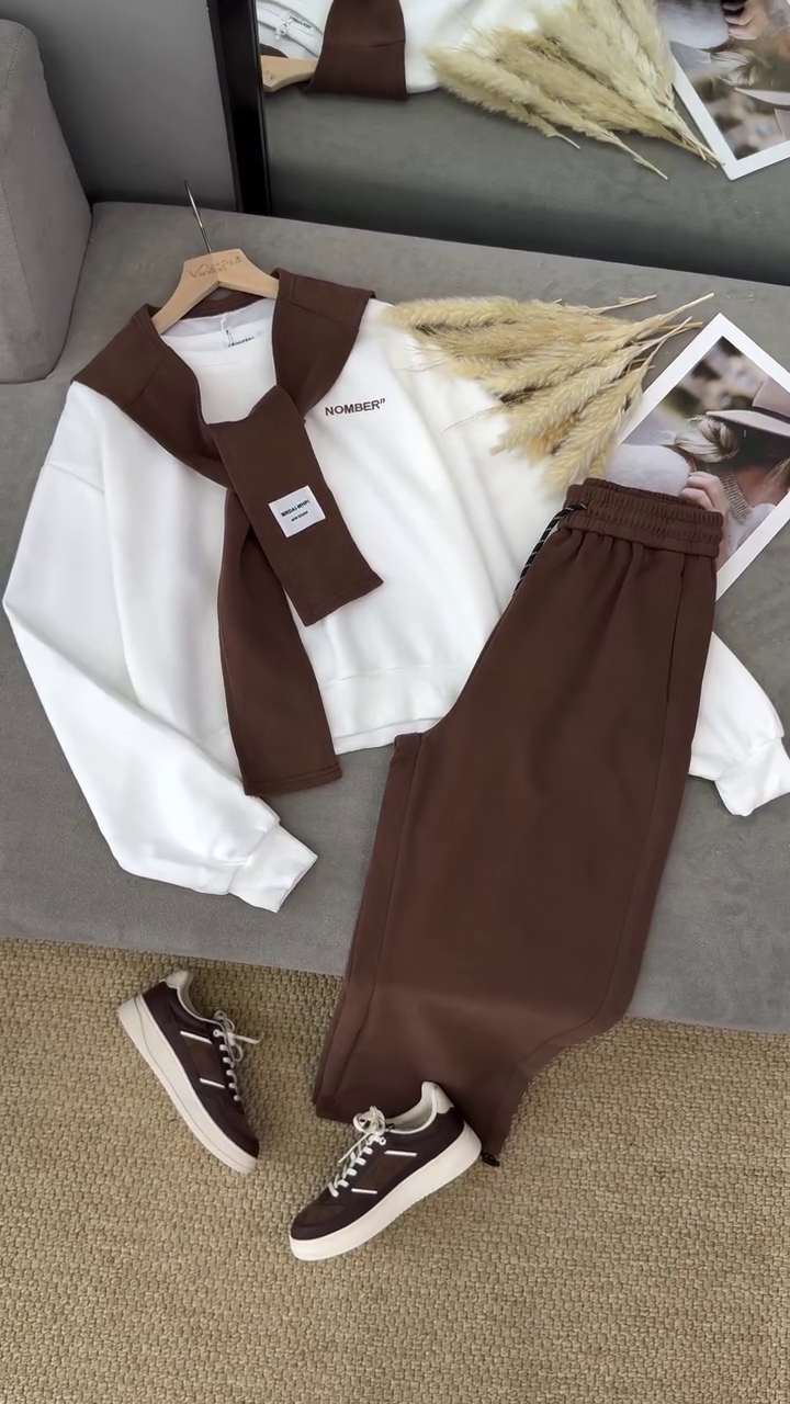 🤎 Mocha Muse 3-Piece Lounge Co-Ord Set – Sweatshirt, Joggers & Layered Scarf Detail | XXS–XXL | Multi-Color Collection ✨