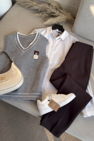 🩶 Chic Scholar 3-Piece Preppy Co-Ord Set – Knit Vest, Classic Shirt & Tailored Trousers | XXS–XXL | Multi-Color Collection ✨